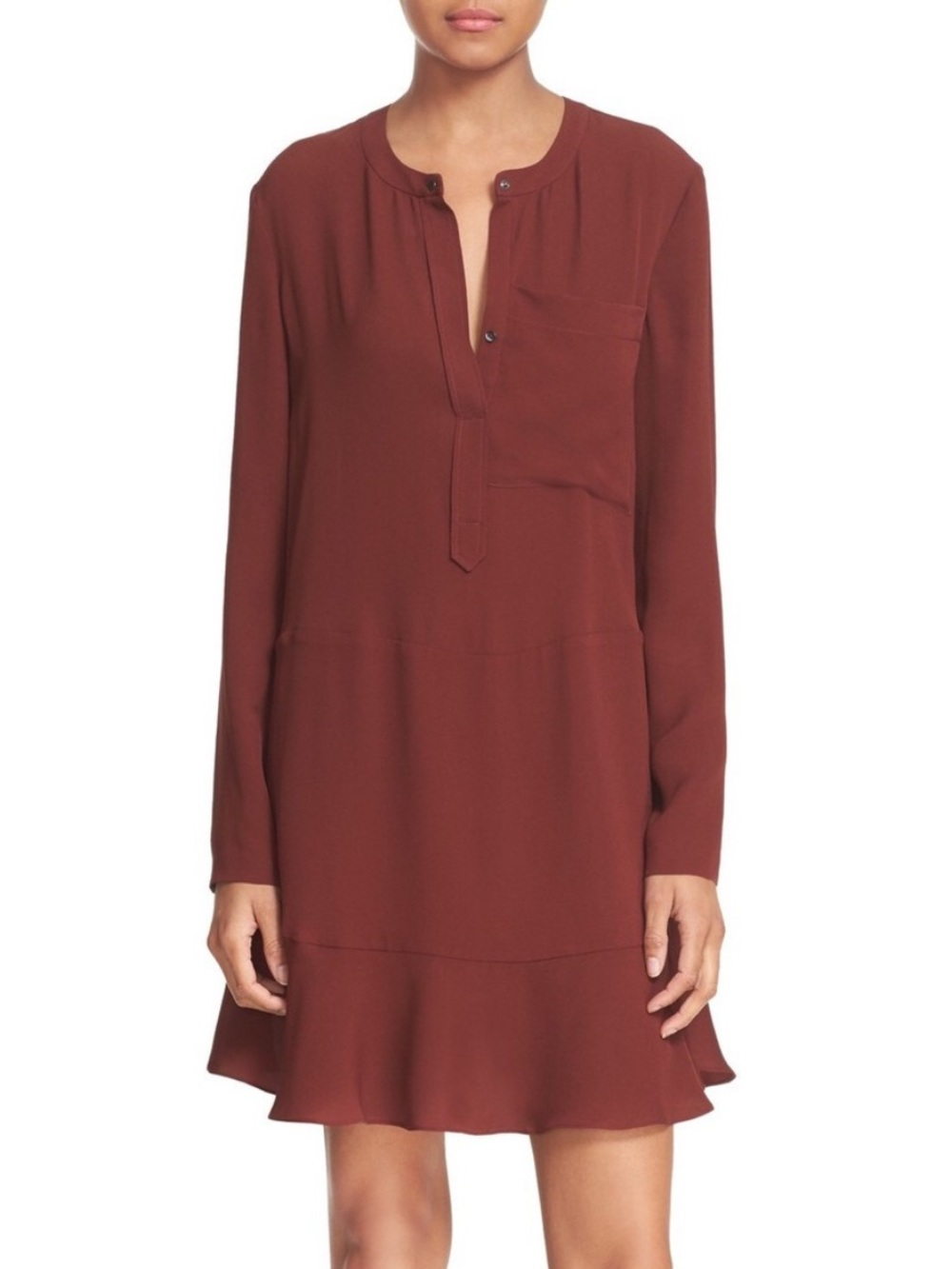 A.L.C. Montana 100% Silk Ruffle Hem Mini Dress Raisin Burgundy